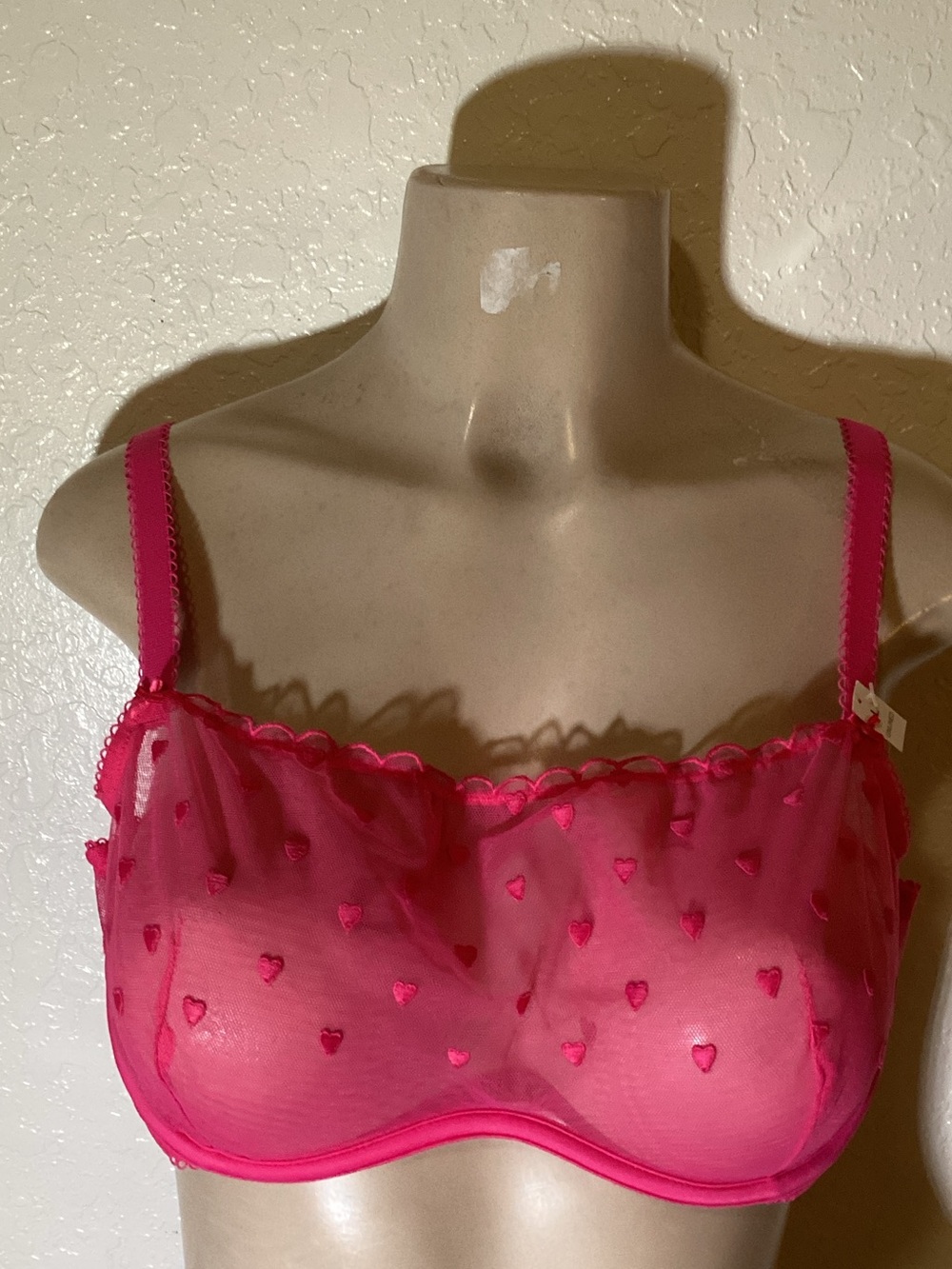 PINK Victoria's Secret Hot Pink Sheer Heart Embroidered Balconette Bra